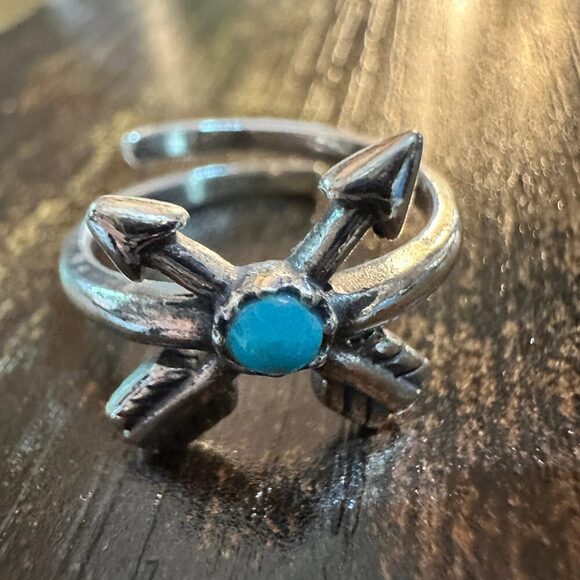 Boho Native American Friendship Arrow Adjustable Sterling Silver Turquoise Ring - Picture 8 of 9
